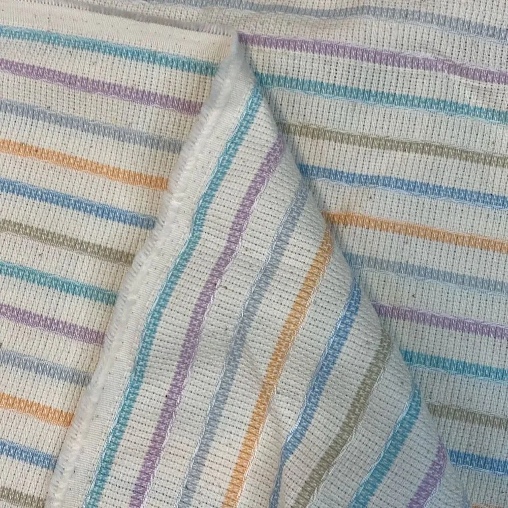 VINTAGE Fabric Remnant Approx 70”x60” White w Pastel Stripes ZAYRE